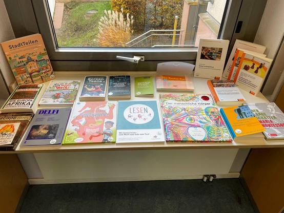 Auf dem Bild ist unterschiedliche Literatur zu sehen. 
Unter anderem die Bücher:
StadtTeilen
Wie Europa Afrika unterentwickelt
Delfi 
Das ist auch meine Welt
Screen Teens
der Kampf um das Internet 
Lesen
Deutschpflicht auf dem Schulhof 
Mathe-Knobel-Kartei 
der menschliche Körper
und mehr 


