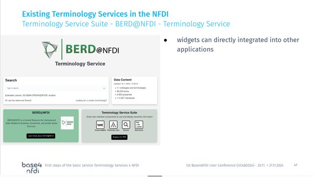 A first slide from the Talk: First steps of the basic service Terminology Services 4 NFDI - Step by step through the initialization to the integration phase

The slide shows the BERD@NFDI Terminology Service.