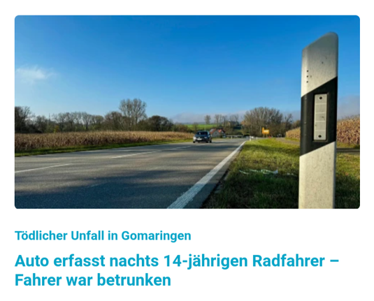Foto einer Landstraße mit Leitpfosten

Tödlicher Unfall in Gormaringen:

Auto erfasst nachts 14-jährigen Radfahrer – Fahrer war betrunken 

