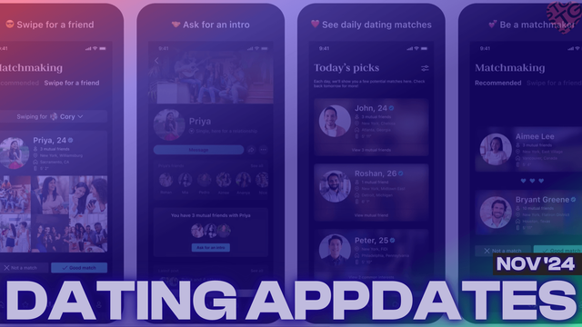Featured image for the article Dating appdates (Nov 2024): Apps for news junkies and the ‘visual generation’, prizes for the ghosted, and more, showing four phone screens with dating apps open