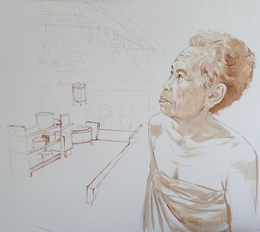 a painting, a beginning of it, the background is the linework of a kitchen scene, an elderly woman is standing, looking up and to the left 