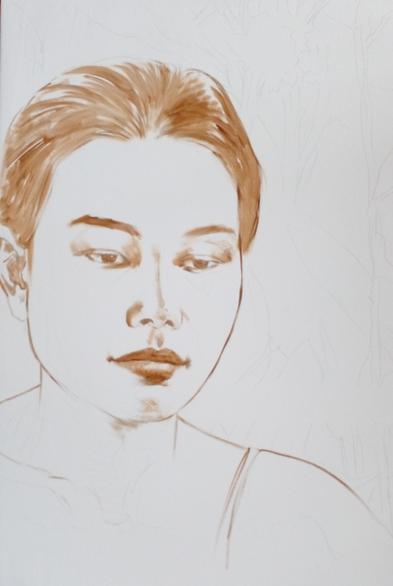 a beginning sketch painting of a young woman, seen from her chest up, looking down and to the right of the viewer, her long hair pulled back 