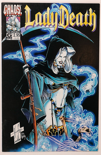 a cover of a comic book, it is lady death, a black robe over her shoulders, holding a large scythe, holding the arm of a skeleton, blue energy smoldering from him, she just burned the guy up, the background dark, above her n golden old english letters it reads 'lady death', in the upper left corner is the 'chaos comics' logo 