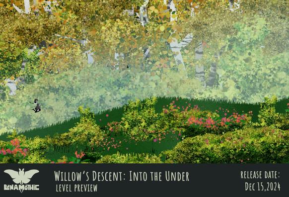 Screenshot of the indie game "Willow's Descent: Into the Under" by Lunamothic, showing a level section with a sketch of the character for scale (she is tiny).
The level is a forest with autumn nearing, the trees have yellowing foliage and are mostly birches. There are bushes and reddish flowers in the foreground and background.