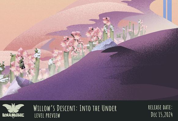 Screenshot of the indie game "Willow's Descent: Into the Under" by Lunamothic, showing a level section with a sketch of the character for scale (she is tiny).
The level is a desert at dusk, with purples and oranges as dominant colours. The look is like an editorial image from a magazine with some pixel art effects. There are dunes, purplish rocks, and flowering cacti in the background.