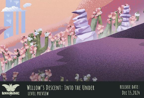 Screenshot of the indie game "Willow's Descent: Into the Under" by Lunamothic, showing a level section with a sketch of the character for scale (she is tiny).
The level is a desert at dusk, with purples and oranges as dominant colours. The look is like an editorial image from a magazine with some pixel art effects. There are dunes, purplish rocks, and flowering cacti in the background.