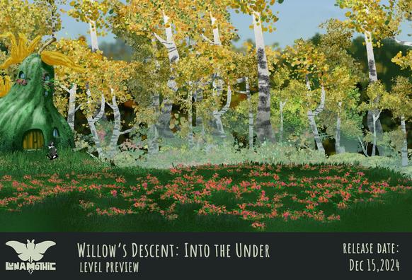 Screenshot of the indie game "Willow's Descent: Into the Under" by Lunamothic, showing a level section with a sketch of the character for scale (she is tiny).
The level is a forest with autumn nearing, the trees have yellowing foliage and are mostly birches. There are bushes and reddish flowers in the foreground and background.