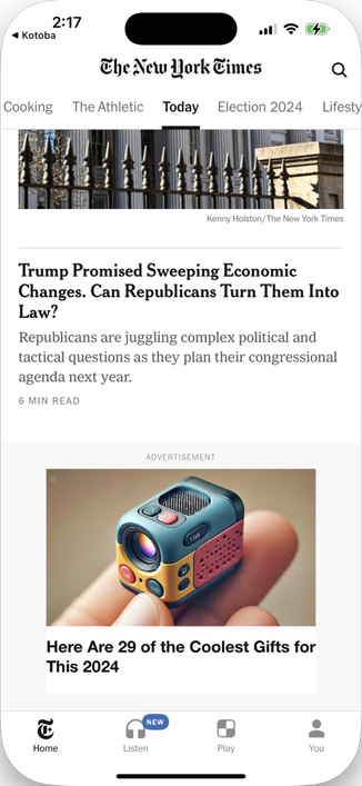 Screenshot of NYT iPhone app showing an ad reading “Here Are 29 of the Coolest Gifts for This 2024”, showing a hand holding a tiny AI-generated nonsense gadget.