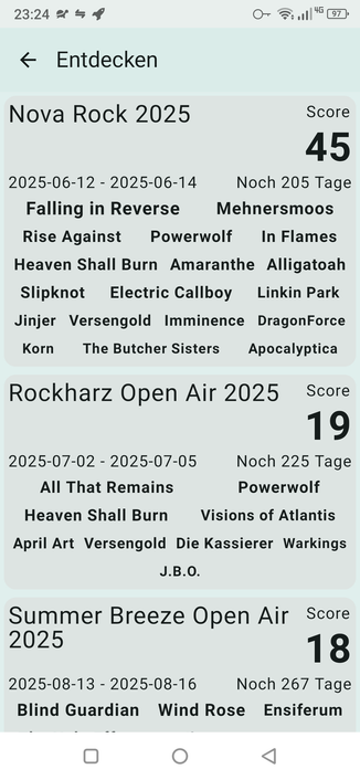 Screenshot from the FestivalGuide android app. It shows some festivals after using the discover feature. There is a score, showing how much the festival fits the users taste considering the liked artists.
