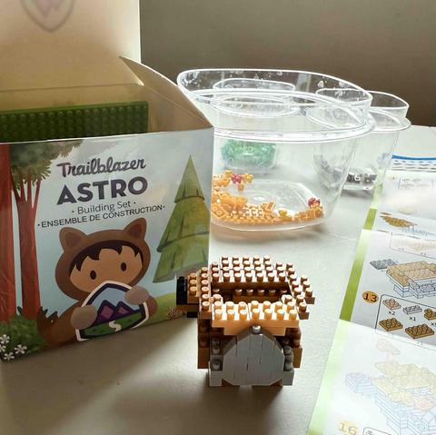 An Astro character Lego set, about halfway finished. The head is missing, and the box showing the final product is in the background. The directions are laid out beside the set and buckets of blocks have been separated out into containers by color.