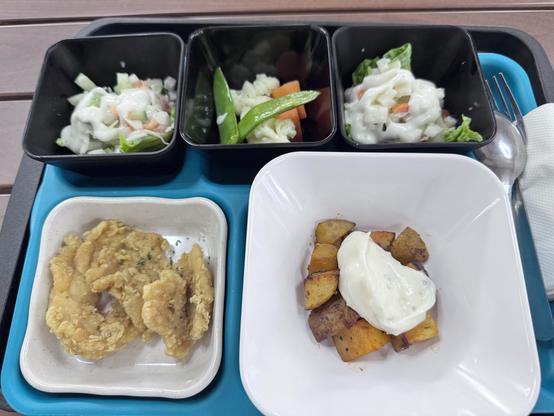 A tray containing four black containers filled with salads, including diced vegetables and mayonnaise, alongside a white dish of golden-brown fried fish and seasoned roasted potatoes topped with sauce.