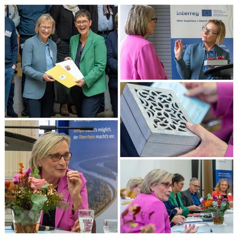 Collage mit Situationen aus der Veranstaltung, Übergabe des Dokuments, Fokus auf ein Schatzkästchen