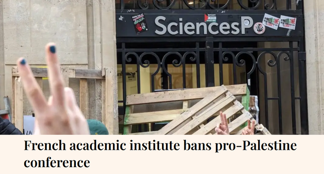 French academic institute bans pro-Palestine conference.

Picture: Students at Sciences Po University block entrance to one of the university’s buildings after the police attempted to clear an encampment within a pro-Palestinian protest in Paris, France on April 26, 2024.