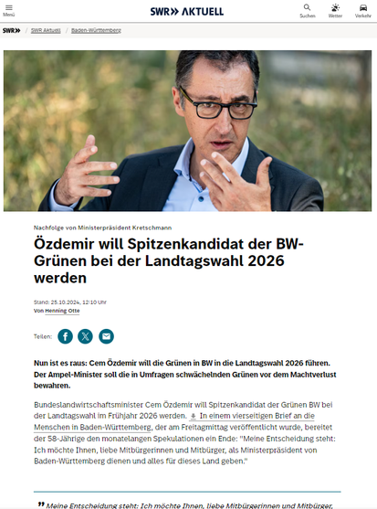 Screenshot CEM Özdemir

Artikel über die Pläne des grünen derzeitigen Landwirtschaft- und Justizministers