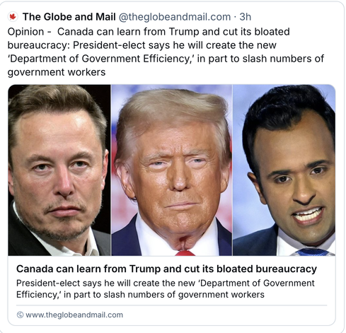 Globe and Mail article with images of America's top villains, headline that reads "Canada can learn from Trump and cut its bloated bureaucracy." Bluesky post reads "Opinion -  Canada can learn from Trump and cut its bloated bureaucracy: President-elect says he will create the new ‘Department of Government Efficiency,’ in part to slash numbers of government workers"