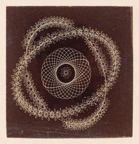 Ornamental turning patterns from the book shown as faint white lines on a black background