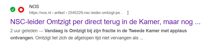 tekst zoals 2 uur geleden nog op de website vermeld stond, en inmiddels is aangepast:

"NSC-leider Omtzigt per direct terug in de Kamer, maar nog ...

NOS
https://nos.nl › artikel › 2545229-nsc-leider-omtzigt-pe...
2 uur geleden — Vandaag is Omtzigt bij zijn fractie in de Tweede Kamer met applaus ontvangen. Omtzigt liet zich de afgelopen tijd niet vervangen als [...]