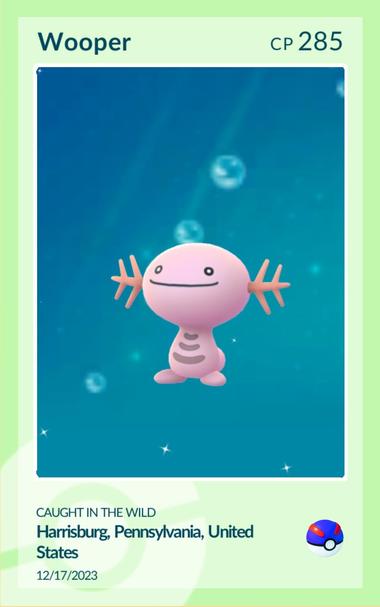 Shiny, pink wooper catch card from Pokemon go