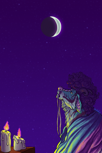 A dragon person looks up somberly at the night sky, wrapped in a trans flag. To their left is two lit candles, somewhat melted. A crescent moon hangs center in the sky.