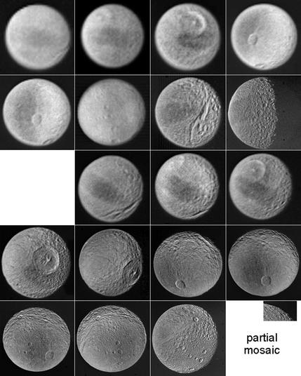 The Voyager images of Tethys. The top 8 are from Voyager 1, the bottom 11 are from Voyager 2. Each sequence starts with distant images and ends with the closest, but all sown at a common size. Craters, valleys and albedo markings are visible.