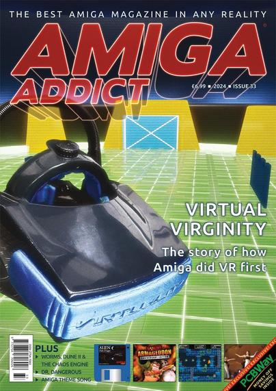 Cover of Amiga Addict Issue 33, featuring a Virtuality VR headset on green grid representing a virtual world