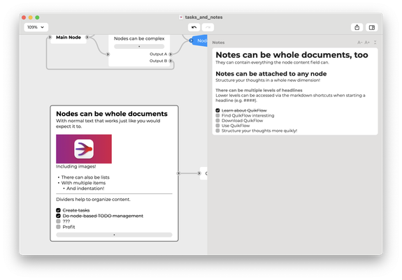 Hybrid mind map and flowchart where each node can contain another document off canvas which can contain all content types, including headlines, images, lists, dividers, and tasks.
