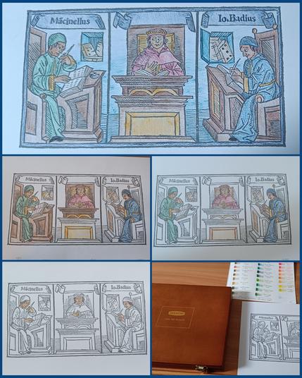 Compilation of 5 photos. 4 of phases of colouring, with big on top the finished product. 
1 of my colouring test chart, Derwent pencil case and black and white drawing on wooden tabletop