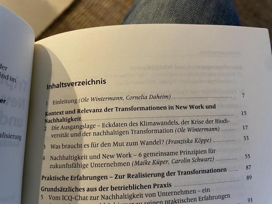 Ein Buch-Inhaltsverzeichnis 1 Einleitung (Ole Wintermann, Cornelia Daheim) Kontext und Relevanz der Transformationen in New Work und Nachhaltigkeit. 2 Die Ausgangslage - Eckdaten des Klimawandels, der Krise der Biodi- versität und der nachhaltigen Transformation (Ole Wintermann) 3 Was braucht es für den Mut zum Wandel? (Franziska Köppe) 4 Nachhaltigkeit und New Work - 6 gemeinsame Prinzipien für zukunftsfähige Unternehmen (Maike Küper, Carolin Schwarz) Praktische Erfahrungen - Zur Realisierung der Transformationen Grundsätzliches aus der betrieblichen Praxis 5 Vom ICQ-Chat zur Nachhaltigkeit von Unternehmen - ein Von en praktischen Erfahrungen