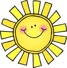 A cute, child-like cartoony drawing of smiling yellow sun with rosy pink cheeks.