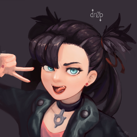 The pokémon trainer Marnie staring at the viewer while making a peace sign, with a cheeky smile