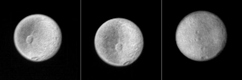 Three Voyager 1 images of Tethys showing Penelope on the edge of a dark region. But Penelope apparently has a shaded crater wall on the right and a sunlit (bright) wall on the left. However, the Sun is pretty much overhead in the two right views so there should be no shading. The third image shows other craters but Penelope, which should be visible, has disappeared.