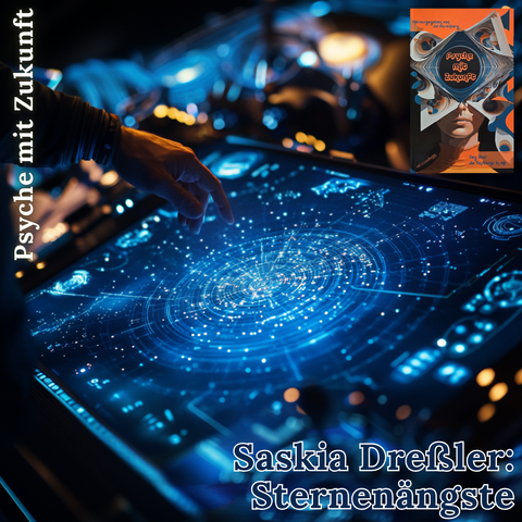 Hintergrund:
Midjourney Prompt: closeup, A futuristic star map of flight routes in space, the map lies on a table in a controller of a spaceship, low angle, unreal engine --style raw --v 6.1

Rechte obere Ecke:
Cover des Buchs "Psyche mit Zukunft" von Jol Rosenberg

Text:
Saskia Dreßler: Sternenängste. Psyche mit Zukunft