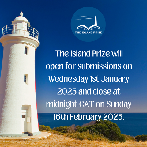 white lighthouse against a deep blue sky; top: Island Prize logo