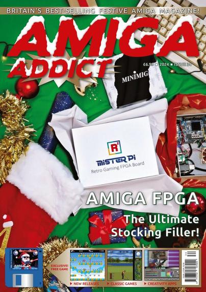 Amiga Addict Issue 34 Christmas issue cover featuring a Christmas stocking with various FPGA devices: Minimig, MiSTer and MiSTer Pi surrounded by various Amiga goodies.