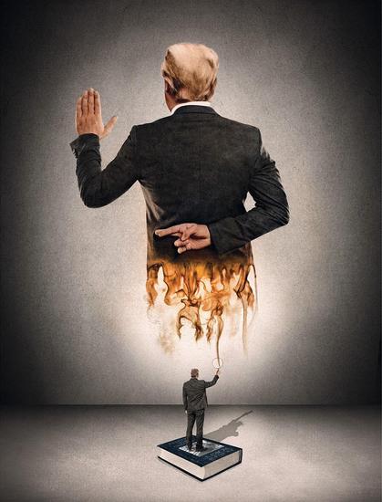 Image of the back of Donald Trump swearing in as US President while the lower part of his body is being set on fire by the magnifying glass held up by a smaller man standing on a book and whose shadow is the Statue of Liberty