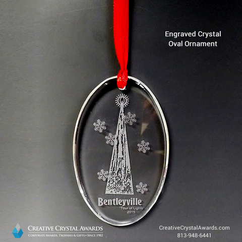 Crystal oval ornament, corporate crystal ornament, oval crystal ornament, crystal oval shape ornament, crystal Christmas ornament, crystal holiday ornament, oval shaped crystal ornament, crystal Christmas tree ornament, engraved crystal ornament, crystal promotional ornament, Creative Crystal Awards USA