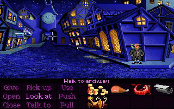 Screenshot of Melee Island from the adventure game The Secret of Monkey Island