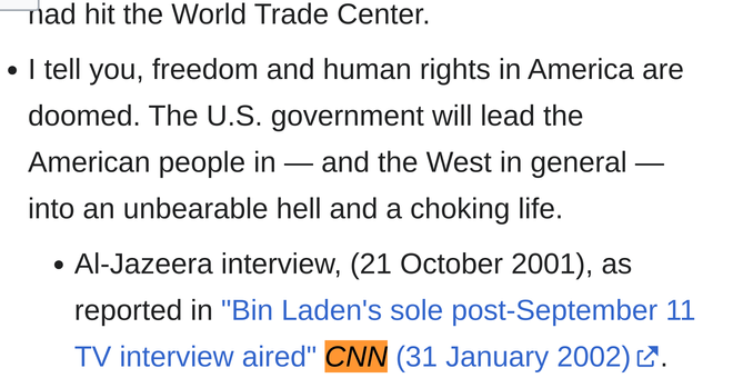 "I tell you, freedom and human rights in America are doomed. The U.S. government will lead the American people in — and the West in general — into an unbearable hell and a choking life."

Osama bin Laden, conservative terrorist leader
October 21, 2001 - shortly after September 11, 2001

Al-Jazeera interview, (21 October 2001), as reported in "Bin Laden's sole post-September 11 TV interview aired" CNN (31 January 2002)