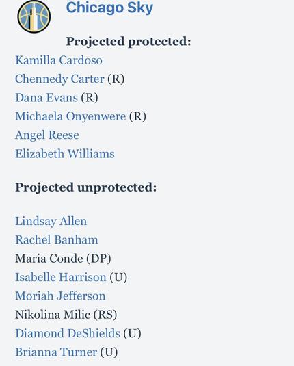 Chicago Sky

Projected protected:

Kamilla Cardoso
Chennedy Carter (R)
Dana Evans (R)
Michaela Onyenwere (R)
Angel Reese
Elizabeth Williams

Projected unprotected:

Lindsay Allen
Rachel Banham
Maria Conde (DP)
Isabelle Harrison (U)
Moriah Jefferson
Nikolina Milic (RS)
Diamond DeShields (U)
Brianna Turner (U)