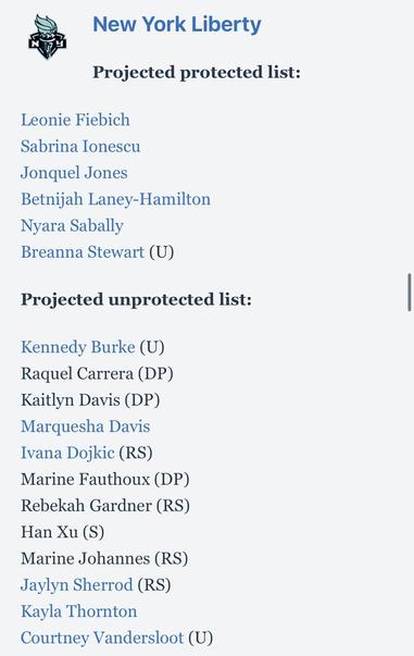 New York Liberty

Projected protected list:

Leonie Fiebich
Sabrina Ionescu
Jonquel Jones
Betnijah Laney-Hamilton
Nyara Sabally
Breanna Stewart (U)


Projected unprotected list:

Kennedy Burke (U)
Raquel Carrera (DP)
Kaitlyn Davis (DP)
Marquesha Davis
Ivana Dojkic (RS)
Marine Fauthoux (DP)
Rebekah Gardner (RS)
Han Xu (S)
Marine Johannes (RS)
Jaylyn Sherrod (RS)
Kayla Thornton
Courtney Vandersloot (U)