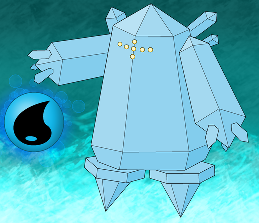 Fanart of Regice from the Pokémon franchise. A water energy (from Pokémon TCG) can be seen floating next to this Pokémon's right arm.