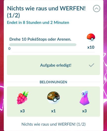 An event notification for a Pokémon GO task, titled "Nichts wie raus und WERFEN!" It shows a countdown of 8 hours and 2 minutes remaining, a goal to spin 10 PokéStops or gyms, and rewards including