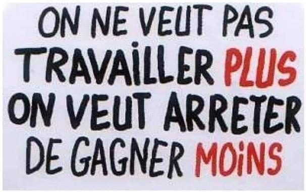 Slogan de rue : On ne veut pas travailler plus, on veut arrêter de gagner moins!