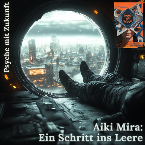 Hintergrund:
Midjourney Prompt: 

Rechte obere Ecke:
Cover des Buchs "Psyche mit Zukunft" von Jol Rosenberg

Text:
Aiki Mira: Ein Schritt ins Leere. Psyche mit Zukunft