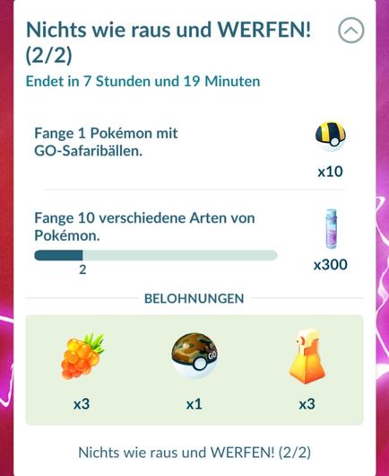 The image displays a task summary from a Pokémon GO event in German. It lists objectives such as catching one Pokémon with GO Safari Balls and catching ten different species of Pokémon. It shows progress and rewards, including items like berries and Poké Balls. The