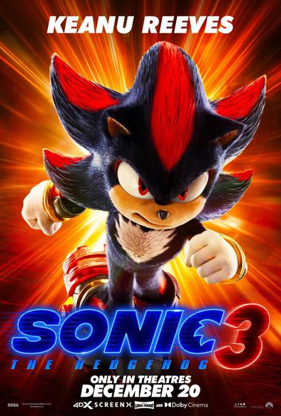 Sonic the hedgehog 3 movie poster of Shadow the Hedgehog, with "KEANU REEVES" at the top