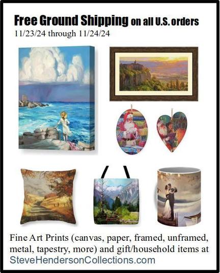 Assortment of art related items ranging from canvas prints to Christmas ornaments.