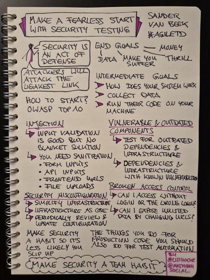 Sketchnote of talk "Make a fearless start with security testing" by Sander van Beek at Agile Testing Days 2024

Sketch figure with two speech bubbles: "Security is an act of defense" and "Attackers will attack the weakest link"

End goals: money, data, make you suffer, thrill

Intermediate goals: how does your system work, collect data, run their code on your machine

How to start? OWASP Top 10

Injection: input validation is good but no blanket solution; you need sanitization: form inputs, API inputs, frontend URLs, file uploads

Vulnerable and outdated components: test for outdated dependencies and infrastructure; dependencies and infrastructure with known vulnerabilities

Security misconfiguration: simplify infrastructure, infrastructure as code, periodically review and update configuration

Broken access control: can I access without login or the wrong login? Can I expose unlisted data by changing URLs?

Make security a habit so it's less likely you slip up

The things you do for production code you should also do for test automation

Insight, circled like a cloud: make security a team habit

Sketchnote author: @lisihocke@mastodon.social