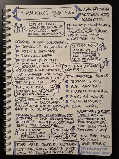 Sketchnote of keynote "I'm managing just fine!" by Lena Nyström & Heather Reid at Agile Testing Days 2024

Two sketch figures with speech bubble: "Lots of folks would be excellent managers - yet firmly don't want to"

If people keep asking you to take on management, think about what they might see in you

Reasons to love management, list of four points:

Reasons? Influence!!

Risk and reward

Shifting left

Budget and people

Sketch figure with speech bubble: "Seeing you made a difference for someone is so rewarding"

Sketch figure with speech bubble: "But I am already leading!"

Insight, circled like a cloud: As specialist you lead initiatives more directly - as manager you lead indirectly through the specialists you lead

Transferable skills: critical thinking, risk analysis, system thinking, question asked, tech advocacy, glue work

Sketch figure with speech bubble: "Hm... but I'm scared of change! Of everything..."

Loneliness: part of team but keep a distance; transparent but confidential; find your confidants

Dealing with performance and firing: document everything; be direct, timely and honest; make space for recharge

What does success look like? Win together, fail together; time slows down; direction is key

Sketch figure with speech bubble: "Can I take the specialist persona back...?"

Sketch figure with speech bubble: "You can always make a new choice!"

Continued in next image