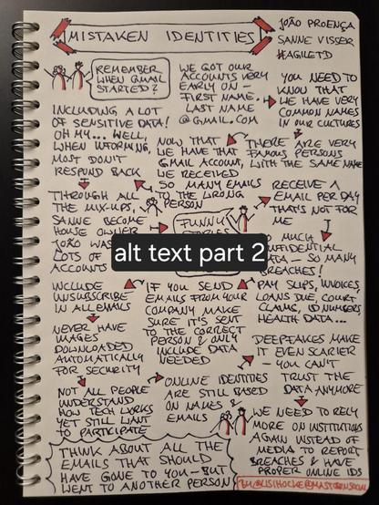 Part two of "Mistaken Identities" by Sanne Visser & João Proença at Agile Testing Days 2024

We need to rely more on institutions again instead of media to report breaches and have proper online IDs

Insight, circled like an explosion: Think about all the emails that should have gone to you - but went to another person

Sketchnote author: @lisihocke@mastodon.social